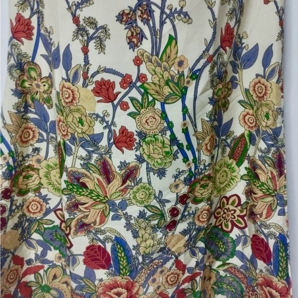 Lightweight Satin Floral Print Cream Mini Dress Crochet Flutter Cap Sleeves - Picture 4 of 11